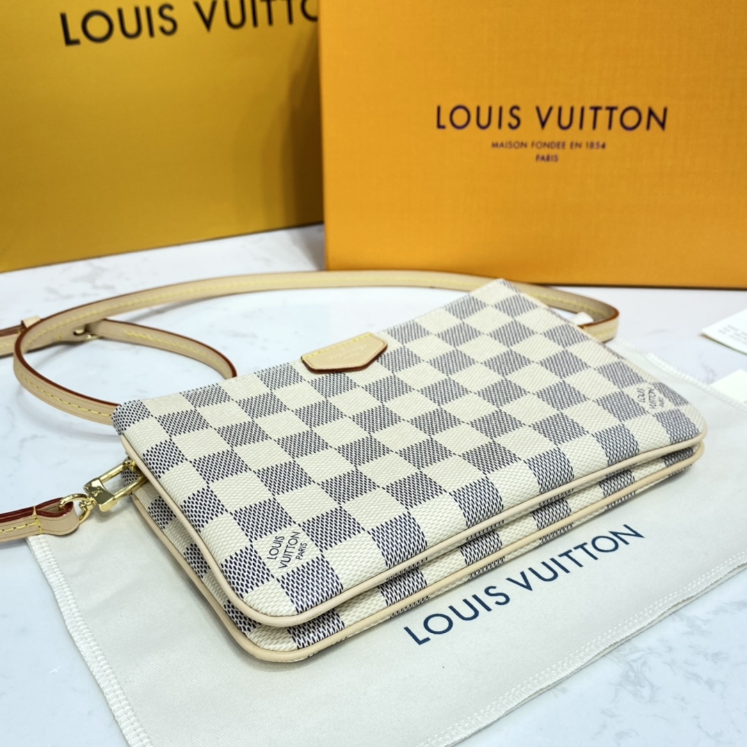 Louis Vuitton DOUBLE ZIP POCHETTE Handbag Damier Azur N60460